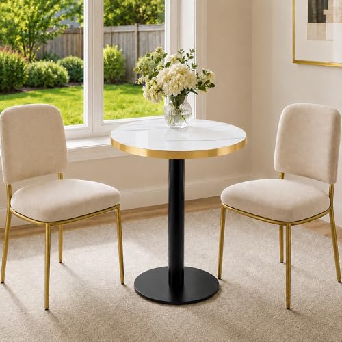 TesNus 23.6" Small Round Dining Table for 2, Circle Tulip Table, Faux Marble Top with Black Metal Pedestal Base, Modern Leisure Coffee Table for Small Spaces, Cafe, Office, White&Black - color: White Top&black Base
