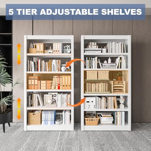 VASAAOSD Metal Bookshelf - Adjustable White Bookcase, 5 Tier Book Shelf | Heavy Duty Sturdy Book Case, Modern Bookshelves and Bookcases for Home Office, Living Room, Bedroom, Library(69" H) - color: White, size: 69" H