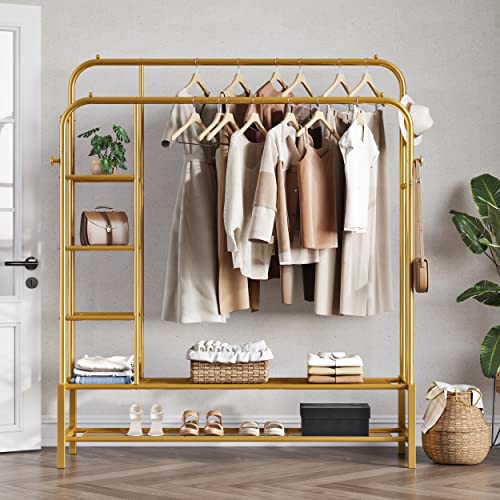 JOISCOPE Double Rods Portable Garment Rack for Hanging clothes, 49.4 * 64.5 Inch Metal Clothing Rack with Bottom Shelves and 4 Hooks,Freestanding Clothes Rack for Bedroom,Space Saving, Gold