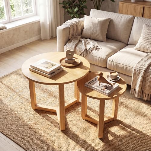 GIANTEX Round Nesting Coffee Table Set of 2, Wood End Tables, Natural | Thickened Top & Solid Rubber Wood Legs, Farmhouse Sofa Side Table for Small Spaces Living Room Bedroom - color: Natural