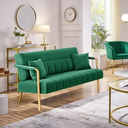 Yaheetech 56.5" Smal Sofa 2 Seater Couch with Gold-Tone Legs, Green | Small Sofa Loveseat Velve 2 Seater Couch with Tufted Back Gold Metal Frame 2 Pillows for Office, Studio,Living Room - color: Green, size: 56.5" W
