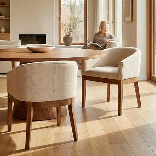 HNY Barrel Dining Chairs Set of 2, Mid Century Modern Upholstered Dining Chairs with Arms, Linen Kitchen & Dining Room Chairs, Solid Wood Frame Accent Chairs for Kitchen, Apartment, Beige - color: Beige,natural Lges, size: 2 Chairs