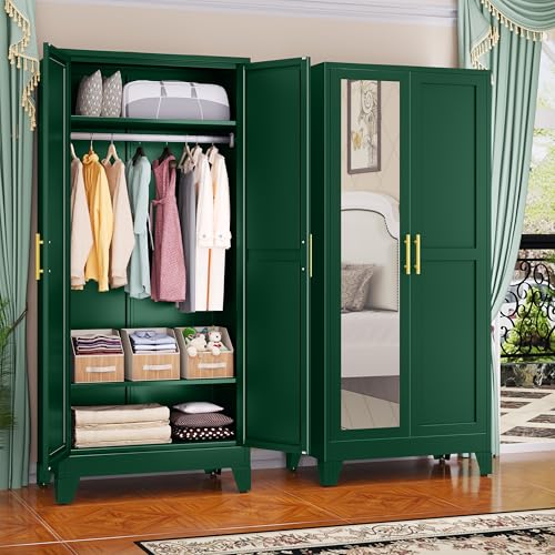 GAIOUS Metal Wardrobe Cabinet with Mirror and Hanging Rod, 71" Green | Clothing Storage Cabinets with 2 Doors and Adjustable Shelves, Armoire Wardrobe Closet for Bedroom, Laundry Room, Cloak Room - color: No Drawer Green- Mirror Style, size: 17.71"D x 31.