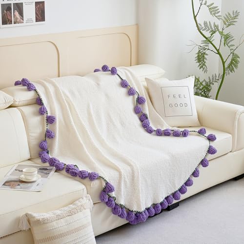 Crochet Flower Bouquet Throw Blanket, Handmade Knitted Blanket with Tulip, Cute Romantic Gift for Her Girlfriend Mom Mother’s Day Valentine Wedding Anniversary Birthday, Purple 40 Inches - color: Tulip, size: 40 Inches