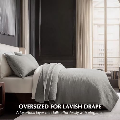 EVERGRACEHOME Cotton Sateen Channel Quilt Set, Queen Size, Fog Gray | 100% Cotton, Pre-Washed Soft Coverlet Bedspread, 3-Piece Refined Channel Stitch Bedding Set for All Season, 2 Pillow Shams - color: Fog Gray - Refined Channel, size: Full/Queen (96" X 9