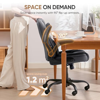 Home Leather Office Chair with Lumbar Support, 5" Padded Seat, Small Rocking Desk Chair, Comfy Computer Chairs with Rolling Wheels & Adjustable Arms for Adults, Grey - color: Grey
