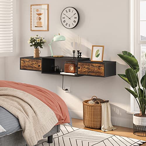 HOOBRO 55" Floating TV Stand with Power Outlet, Modern Wall Mounted Media Console Shelf Cabinet for Under TV Storage, Entertainment Center, Living Room, Bedroom, Rustic Brown and Black BF11DS01 - color: Rustic Brown + Black
