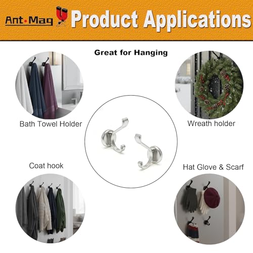 Ant Mag Magnetic Hooks Heavy Duty 140LBS, Neodymium Wall Coat Hooks 2 Pack | Strong Magnet Hooks for Hanging Coats, Robes, Backpacks, Bags, Hats, Keys, Mugs, Cups, Towels,Silver - color: Silver, size: 2 Pack
