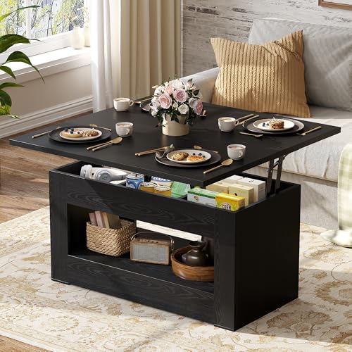 UNIQUITE 40" Lift Top Coffee Table, 4 in 1 Multi-Function Lift Coffee Tables with Storage and Hidden Compartment, Convertible Coffee Table to Dining Table for Living Room, Black - color: Black
