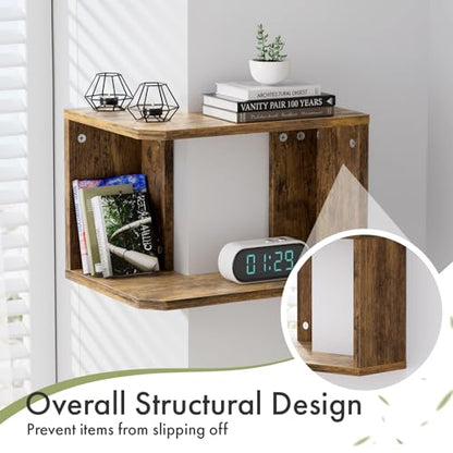 Floating Corner Shelf, 2-Tier Floating Shelf for Wall, Wood Floating Book Shelf for Living Room, Bedroom, Bathroom, Home Office, Rustic Brown - size: 2-Tier
