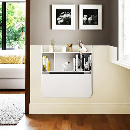 Wall Mounted Drop-Leaf Table, Floating Laptop Desk, Folding Table with Shelves, Multifunctional Computer Workstation with Storage Compartments in Home Office for Space Saving (White) - color: White