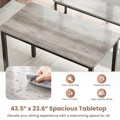 Dining Table Set for 4, Kitchen Table with 2 Benchs, Grey | Modern Functional 3 Piece Space-Saving Dining Room Table Set for Apartment, Breakfast Nook, Small Space - color: Grey