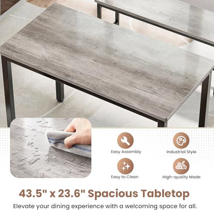 Dining Table Set for 4, Kitchen Table with 2 Benchs, Grey | Modern Functional 3 Piece Space-Saving Dining Room Table Set for Apartment, Breakfast Nook, Small Space - color: Grey