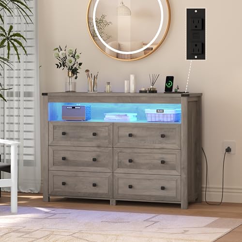 Grey Dresser 6 Drawer Dressers for Bedroom with LED Lights, Charging Station, Wood Chest of Drawers with Metal Handles, Modern TV Stand Storage Cabinet for Living Room, Hallway, Entryway, Gray - color: Grey, style: LED 6 Drawers