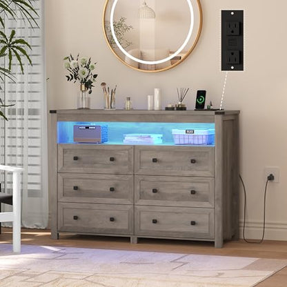 Grey Dresser 6 Drawer Dressers for Bedroom with LED Lights, Charging Station, Wood Chest of Drawers with Metal Handles, Modern TV Stand Storage Cabinet for Living Room, Hallway, Entryway, Gray - color: Grey, style: LED 6 Drawers