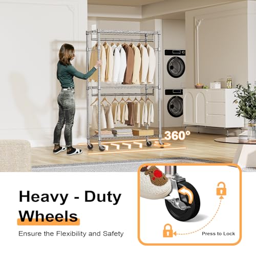 M MZG Heavy Duty Rolling Garment Rack 3 Tiers Adjustable Wire Shelving Clothes Rack with 2 Rods and Side Hooks,Storage Closet Clothing Rack with Wheels Chrome 15.7" D x 29.5" W x 74.5" H - color: Chrome, size: 3 Tier with 2 rod, 15.7"D x 29.5"W x 74.5"H