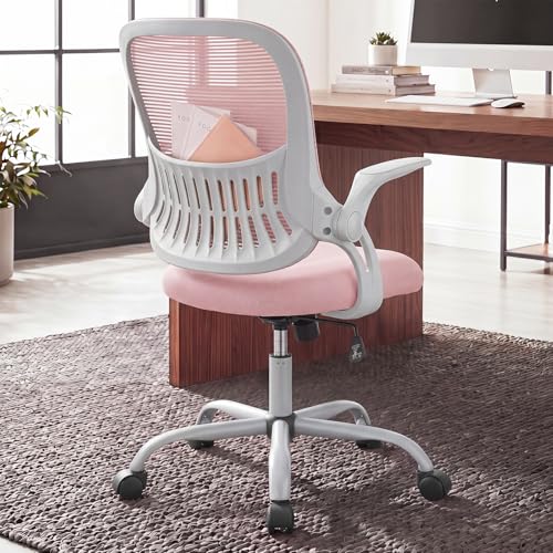 Home Office Desk Chair with Flip-up Armrest, Computer Chair | Lumbar Support, Height Adjustable, Mesh Mid-Back, Ergonomic Task Gaming Chair with 360° Swivel Wheels for Adults, Pink - color: Pink, size: 18.5D'' Flip-up Arm