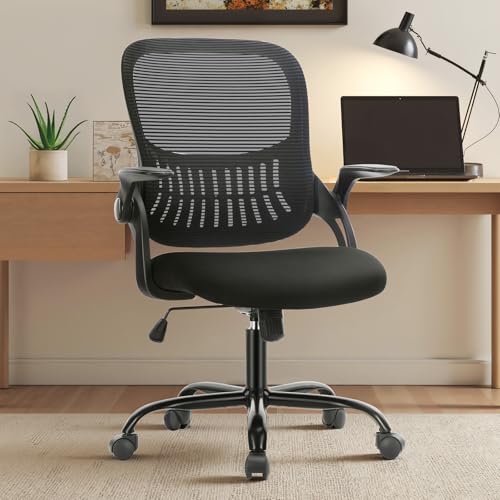 Sweetcrispy Executive Home Office Chair, Mesh Office Chair, Black | Ergonomic Executive, Adjustable Height, 360° Swivel Wheels, Mid-Back, Comfy Arms, Bedroom, Study, Student - color: Black, size: 18.5"D&Flip-up Arms-Plus