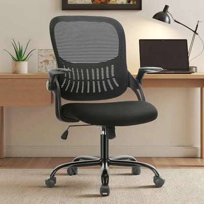 Sweetcrispy Executive Home Office Chair, Mesh Office Chair, Black | Ergonomic Executive, Adjustable Height, 360° Swivel Wheels, Mid-Back, Comfy Arms, Bedroom, Study, Student - color: Black, size: 18.5"D&Flip-up Arms-Plus