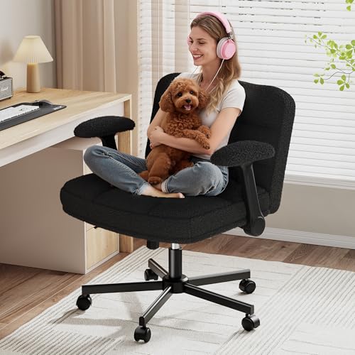 DurayLoly Criss Cross Office Chair with Flip-up Arm & Wheels | 360° Swivel,Plush Teddy Fabric Cross Legged Chair ,Adjustable Height for Home Office,Study, Gaming, Vanity,White - color: Black