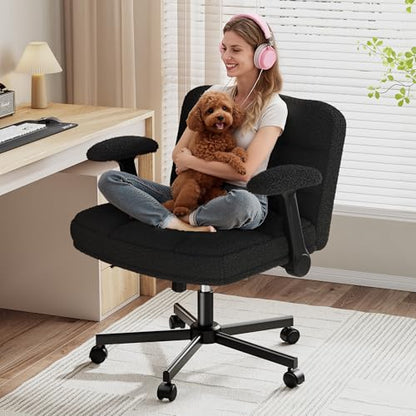 DurayLoly Criss Cross Office Chair with Flip-up Arm & Wheels | 360° Swivel,Plush Teddy Fabric Cross Legged Chair ,Adjustable Height for Home Office,Study, Gaming, Vanity,White - color: Black