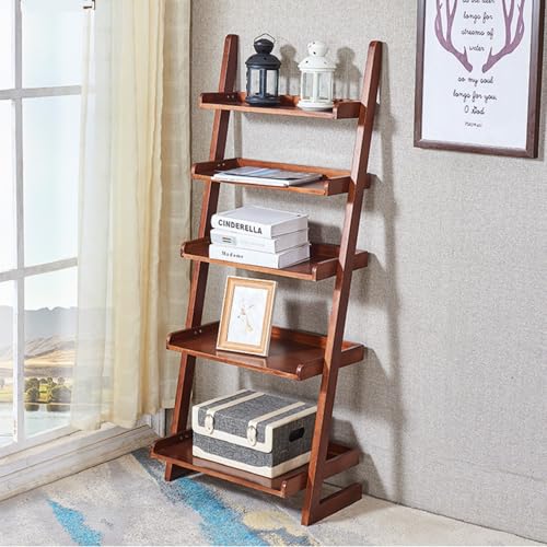 5-Tier Ladder Shelf, Minimalism Wood Ladder Bookshelf L-Shaped Leaning Storage Bookshelf Freestanding Open Bookcase for Living Room Bedroom Offices (Walnut Brown)