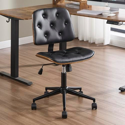 VipDesk Small Home Office Chair - Armless Mid Back Desk Chair with 360° Swivel and Wheels, PU Upholstered Height Adjustable Modern Walnut Computer Chair for Home, Office Meeting Room - Black - color: Black, size: Button Style