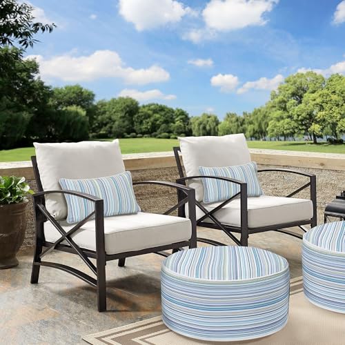 Outdoor/Indoor Inflatable Ottoman Pouf D20 xH9, All Weather Round Footstool with Handle, Water Repellent Portable Footrest for Patio Garden Camping Travel-Blue Stripe - color: Blue Stripe