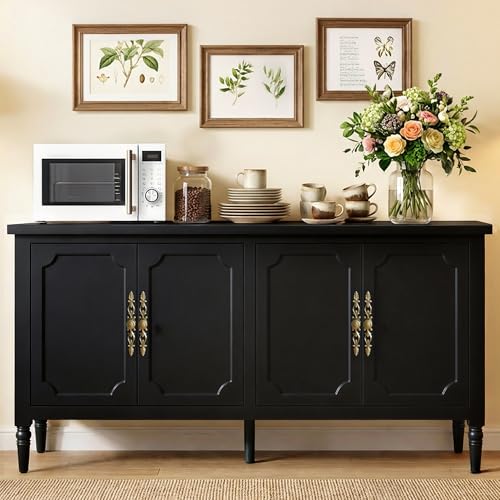 RoyalCraft Sideboard Buffet Cabinet with Storage, 59" Mid Century Modern Credenza with 4 Doors, Coffee Bar Wine Bar Storage Cabinet with Artistic Carved Handle for Living Room, Dining Room, Black - color: Black, style: 4 Doors