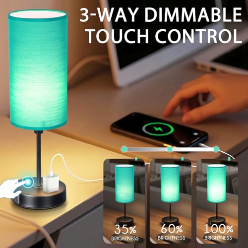 Table Lamp with USB Port - Teal Desk Lamp, Green Touch Lamp, Bedside Lamps, 3 Way Dimmable Small Lamps for Bedroom, Nightstand, Nursery, Dorm, Home, Office, Black Base+ Green Lampshade - color: Green