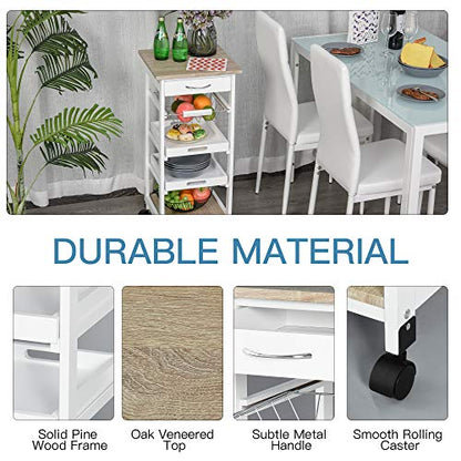 HOMCOM Mobile Kitchen Cart with Storage Solid Wood Frame Utility Cart White | Rolling Kitchen Island, Wire Fruit Baskets, Trays, Drawer - color: White