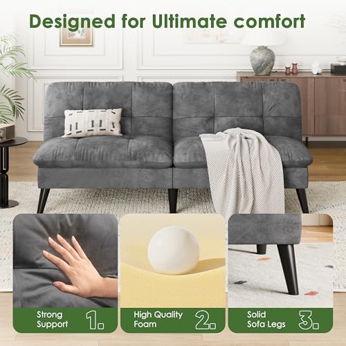 Vongrasig Futon Sofa Bed Velvet Futon Couch with Adjustable Backrest, Small Convertible Folding Sleeper Sofa Bed, Modern Loveseat for Living Room, Bedroom and Small Space, Gray - color: Grey