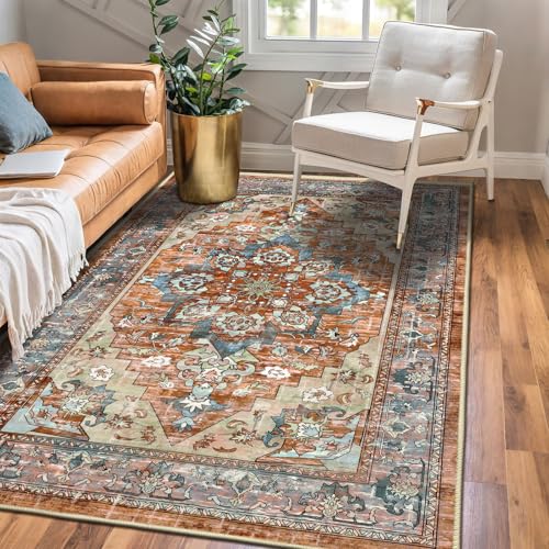 Bsmathom Area Rugs for Living Room 4x6 Non Slip Machine Washable Vintage Boho Throw Rugs Low Pile Indoor Entry Way Floor Carpet for Bedroom, Dining Room - color: Brown Red, size: 4' x 6' (Rectangular)