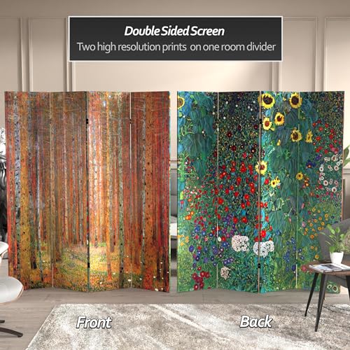 Red Lantern Double Sided Works of Klimt Room Divider - Tannenwald/Farm Garden, 6 Foot - 4 Panel - color: Tannenwald/Farm Garden, size: 6 Foot - 4 Panel