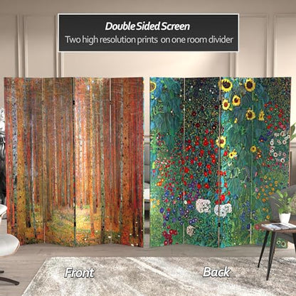 Red Lantern Double Sided Works of Klimt Room Divider - Tannenwald/Farm Garden, 6 Foot - 4 Panel - color: Tannenwald/Farm Garden, size: 6 Foot - 4 Panel