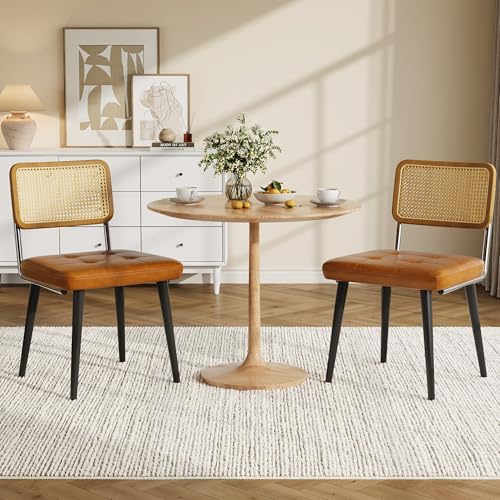 Garvee Rattan Dining Chairs Set of 2, Upholstered Dining Room Chairs with Rattan Backrest, Armless Side Chairs for Kitchen Living Room, Restaurant, PU Leather, Brown | Upholstered Kitchen Chairs with Rattan Backrest, Armless Side Chairs for Kitchen, Livin