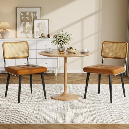 Garvee Rattan Dining Chairs Set of 2, Upholstered Dining Room Chairs with Rattan Backrest, Armless Side Chairs for Kitchen Living Room, Restaurant, PU Leather, Brown | Upholstered Kitchen Chairs with Rattan Backrest, Armless Side Chairs for Kitchen, Livin