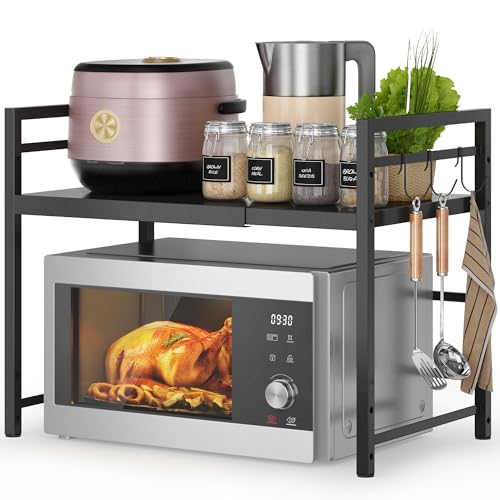 DOLALIKE Microwave Oven Rack, Expandable Microwave Stand Countertop Kitchen Utensils Tableware Storage, Carbon Steel Over Microwave Shelf Countertop with 3 Hooks | Adjustable Microwave Oven Rack Metal Storage Shelf for Pans Small Appliances Kitchen Utensi