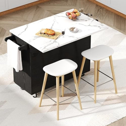43" Kitchen Island on Wheels, Rolling Kitchen Island with Storage, Black | Modern Design, with Drop Leaf, 3 Storage Drawers, Spice Rack & Towel Rack, Faux Marble Tabletop, for Kitchen Dining Room - style: Black