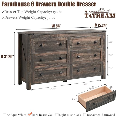 T4TREAM 54" Wide Farmhouse 6-Drawer Dresser for Bedroom, Dark Rustic Oak | Rustic, Wood Storage Cabinet, Metal Handle, Unique Corner Accent, Bedroom, Living Room, Hallway - color: Dark Rustic Oak, size: 15.8"D x 54"W x 31.3"H (6 Drawers)