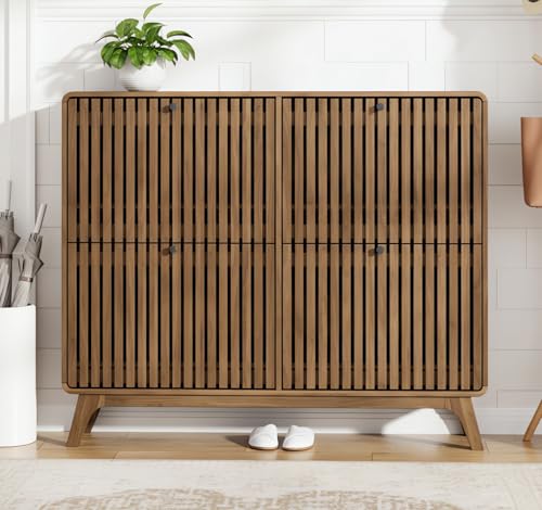 Jluomei Large Shoe Cabinet for Entryway, Bamboo Narrow Shoe Cabinet Storage with 4 Flip Drawers, Slim Fluted Shoe Rack Organizer for Entry Way, Hallway, Thin, Skinny, Wood, Walnut - color: Walnut-4 Drawers