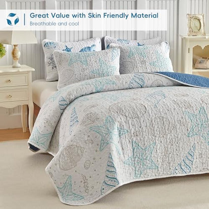 Coastal Quilt Sets Twin Size - Reversible Microfiber Ocean Style with Starfish Scallop Shell Soft Beach Bedding Nautical Bedspread Coverlet Summer Comforter with 1 Sham - color: Starfish, size: Twin-68x86 in