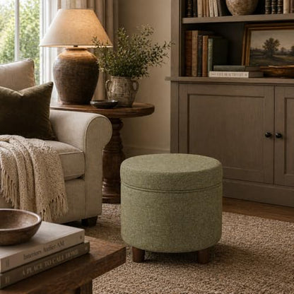 HomePop 19" Round Storage Ottoman - Green Tweed - color: Green Tweed