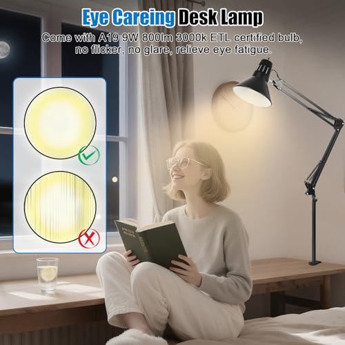 LED Clamp on Desk Lamp, 360°Adjustable Swing Arm Desk Lamp | Clamp Light with Eye-Caring LED Bulb for Home Office Reading Drafting