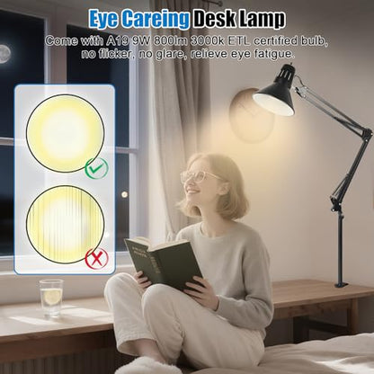 LED Clamp on Desk Lamp, 360°Adjustable Swing Arm Desk Lamp | Clamp Light with Eye-Caring LED Bulb for Home Office Reading Drafting