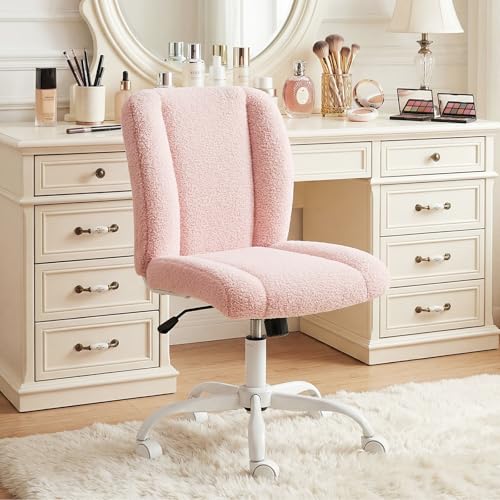 Vanity Chair with Wheels, Armless Office Chair Height Adjustable, Cute Desk Chair with Soft Lumbar Support for Small Space, Bedroom, Make-up Room, Pink - color: Pink