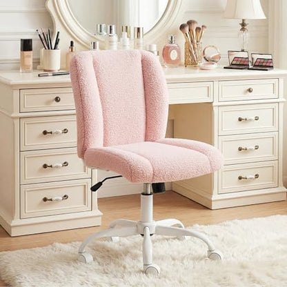 Vanity Chair with Wheels, Armless Office Chair Height Adjustable, Cute Desk Chair with Soft Lumbar Support for Small Space, Bedroom, Make-up Room, Pink - color: Pink