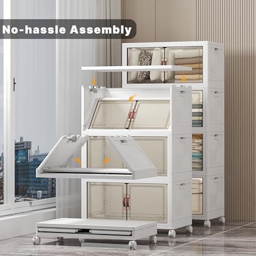 Stackable Storage Bins, 896QT Collapsible Drawers with 2 Lids | Large Capacity, Magnetic Door, Stack Lock, Rolling Wheels, Foldable Design, Organizers and Storage for Bedroom Dorm Garage - color: White-112qt, size: 8Pack with 2 top lids
