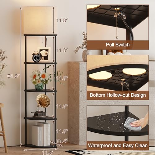 Qupui Floor Lamp with Shelves, 61.5" 5-Tier, 3-Color LED, Black | Fabric Shade With Soft Cozy Light. 3 Color Temperatures 12W LED. 5 Tiers, 22 Lbs Each. Durable Composite Panels, Metal Frame - color: 5-Tier Black