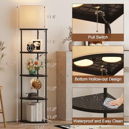 Qupui Floor Lamp with Shelves, 61.5" 5-Tier, 3-Color LED, Black | Fabric Shade With Soft Cozy Light. 3 Color Temperatures 12W LED. 5 Tiers, 22 Lbs Each. Durable Composite Panels, Metal Frame - color: 5-Tier Black